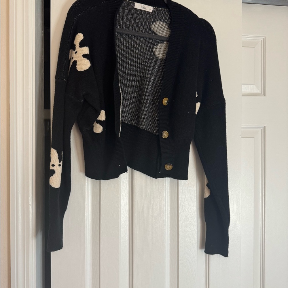 Black and White Cardigan with Floral Accents